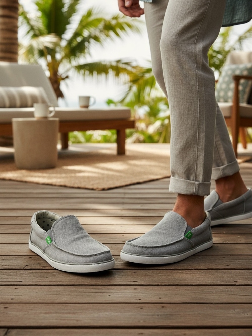 Sanuk Gray Canvas Slip-On Men Shoes with Green Brand Tab size 8 - Picture 2 of 12